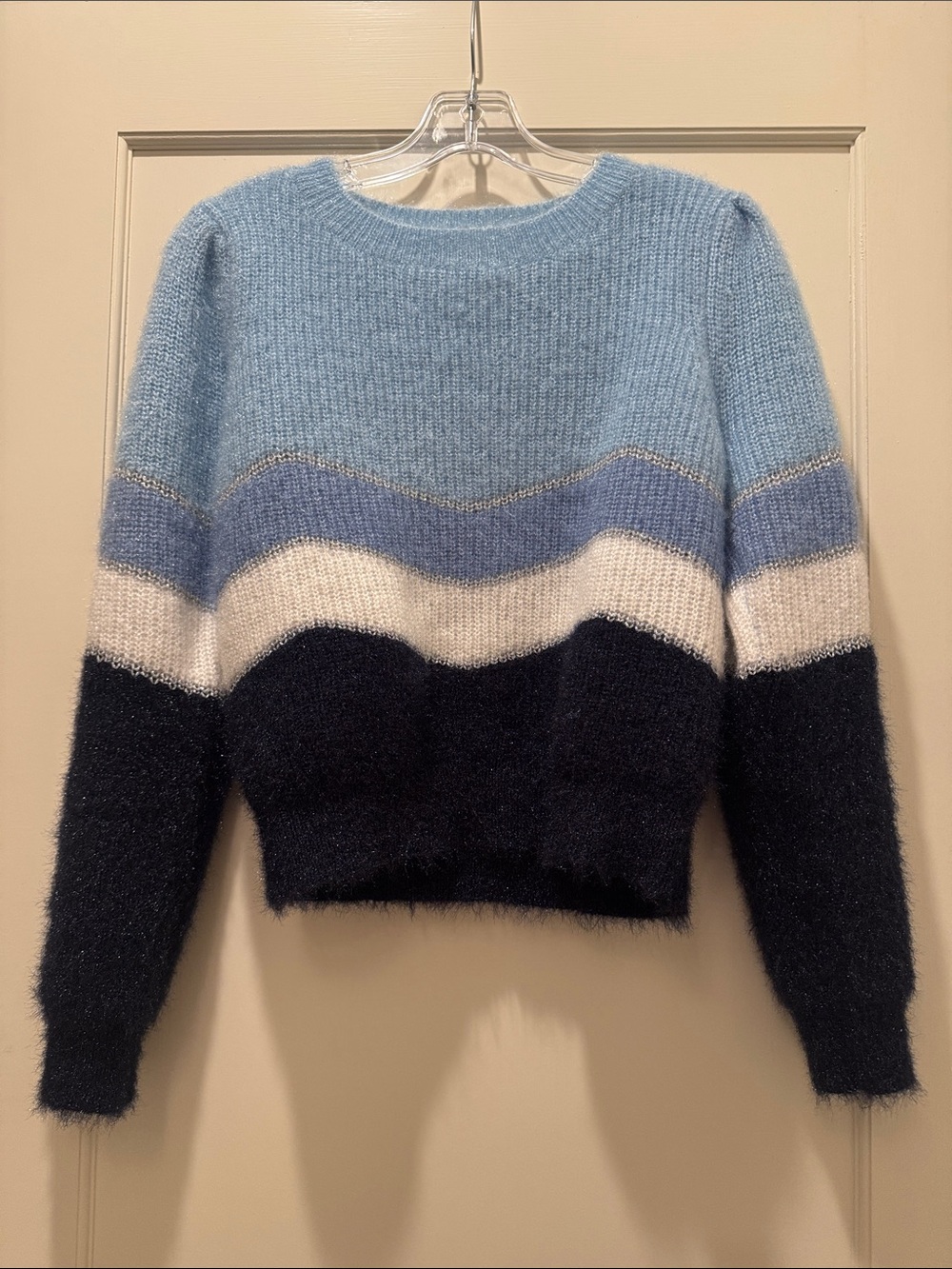 Striped Fuzzy Crewneck Sweater - Light Blue, White & Navy